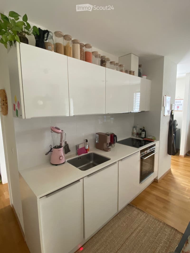 Kitchen. Modern kitchen with white cabinets, stainless steel sink, built-in oven, coffee maker, and blender on the counter.