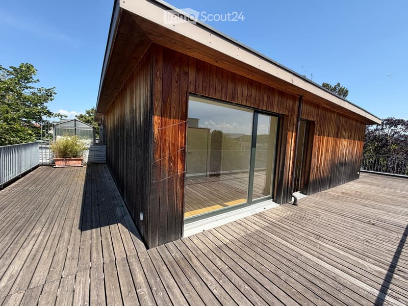 Wooden deck terrace with modern glass walls and wooden paneling, surrounded by greenery and a clear blue sky.