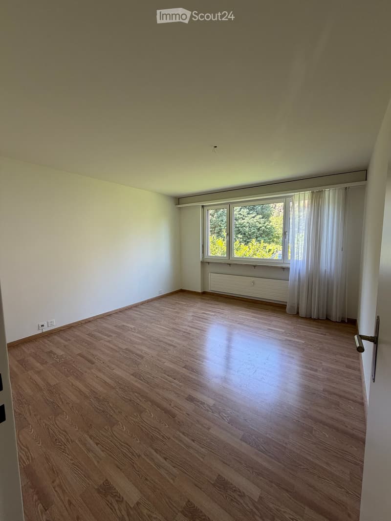 Empty room with wooden flooring, white walls, large window with white curtains, radiator, and visible electrical outlets.