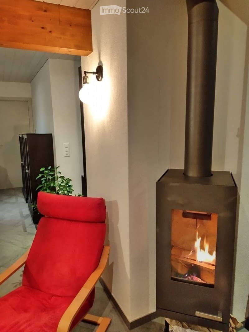 A cozy room with a lit wood-burning fireplace, a red upholstered chair, a wall-mounted light fixture, and a small plant in the background.