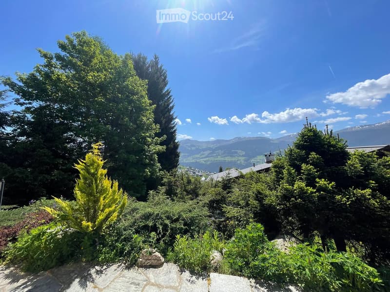 A lush garden with various trees and shrubs, overlooking a scenic mountain landscape under a clear blue sky.
