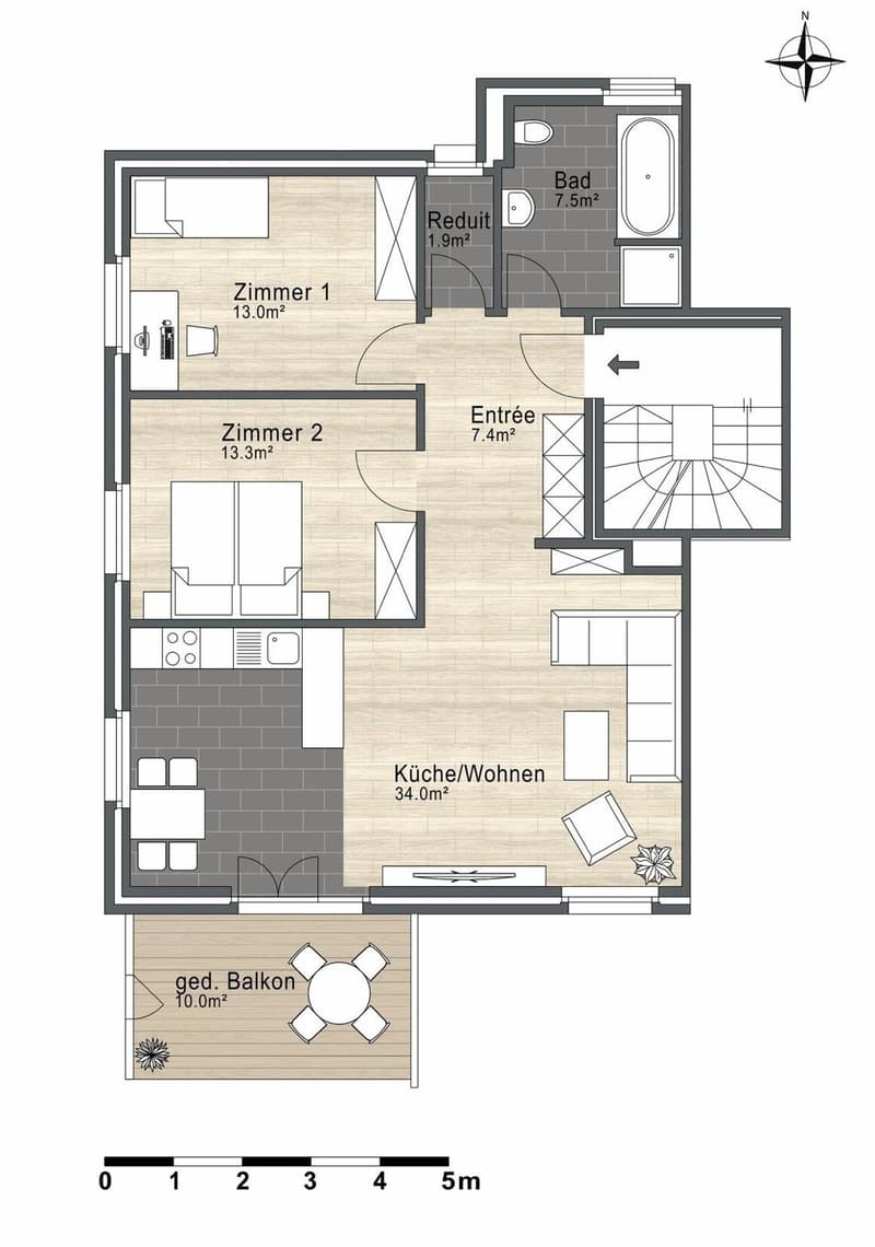 Floor Plan. Layout includes a kitchen/living area (34.0m²), two bedrooms (13.0m² and 13.3m²), a bathroom (7.5m²), a small closet (1.9m²), an entrance (7.4m²), and a covered balcony (10.0m²).