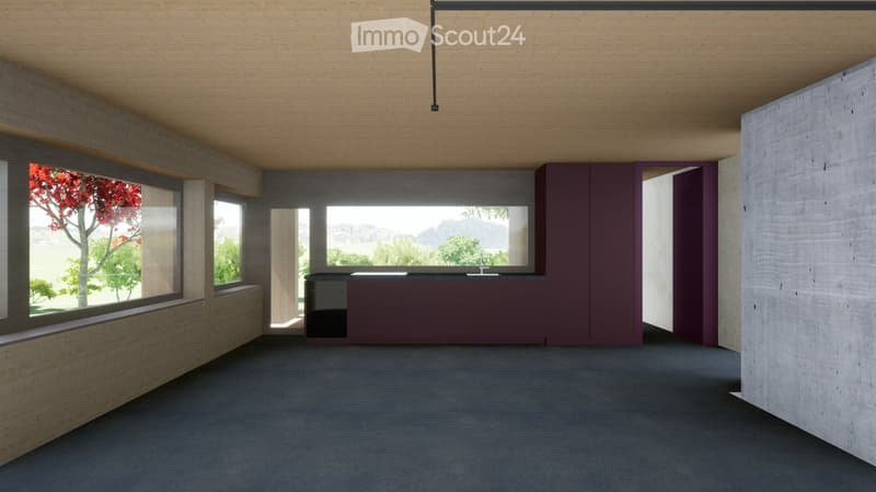 Kitchen. Empty kitchen with large windows, modern design, and a central island with a sink.