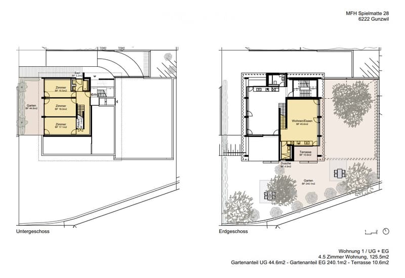 Floor Plan. Floor plan showing a 4.5-room apartment with a garden share, 125.5m2, including an underground garage, garden, and terrace.