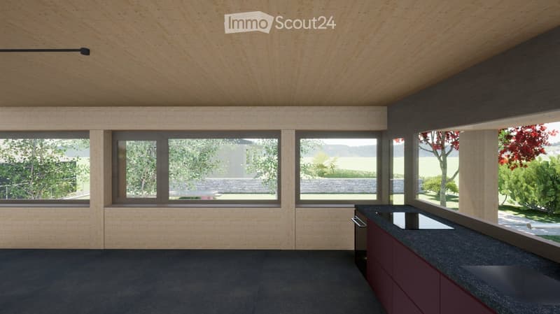 Unfurnished Room. An empty room with large windows, a black countertop, and red cabinets.
