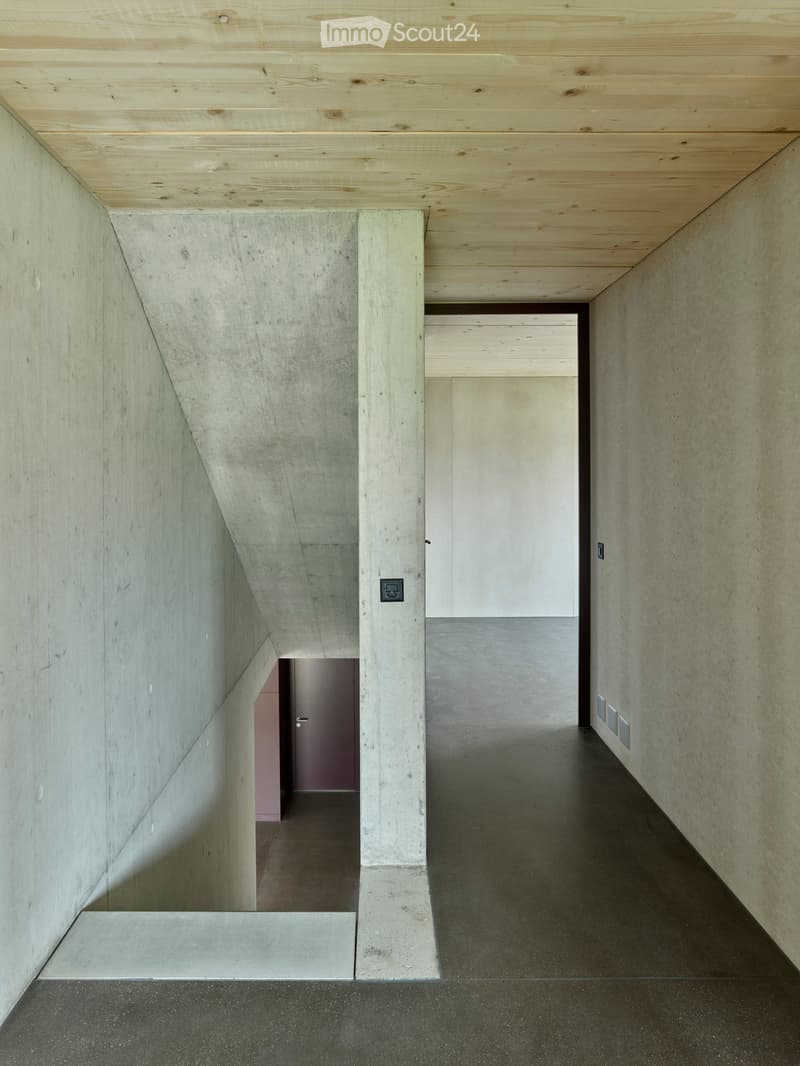 Corridor / Hallway. Concrete walls, wooden ceiling, open doorway, concrete floor.