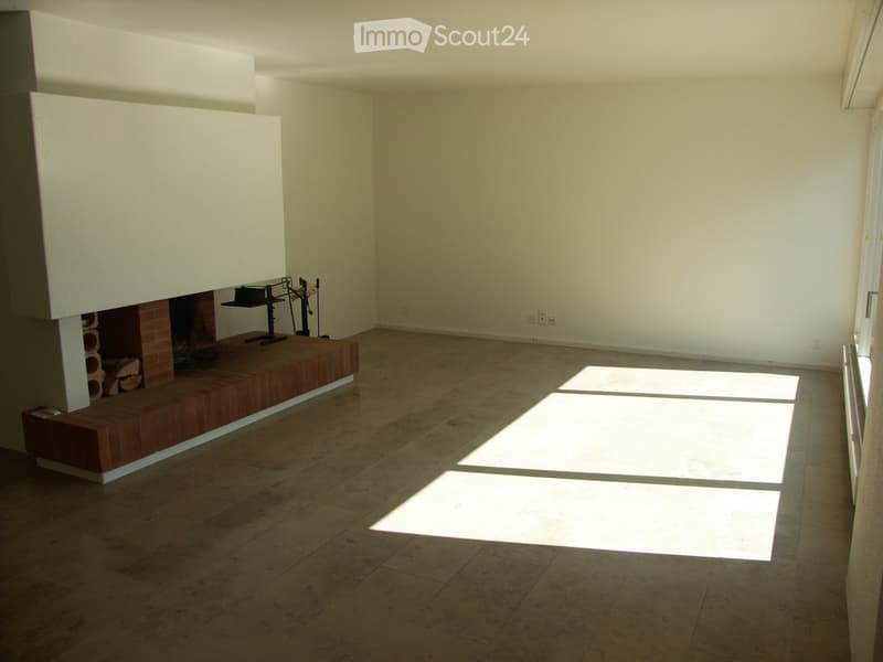 Empty room with a fireplace, tiled floor, and large windows allowing natural light to enter.