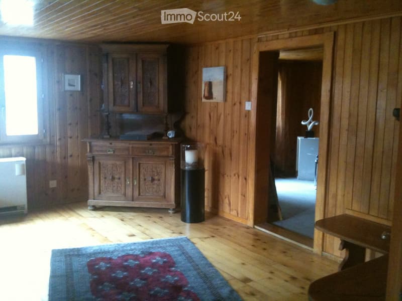 Wooden-paneled room with a large wooden cabinet, a small table, a stool, a candle holder, and a colorful rug on the floor.