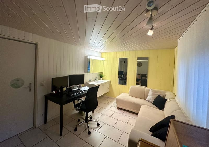 A well-lit room with a slanted wooden ceiling, featuring a white sofa, a black desk with a computer, and a small sink area with mirrors.