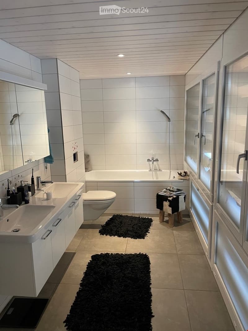 Bathroom. Modern bathroom with white tiles, a large sink with a mirror, a toilet, a bathtub, a shower, and two black rugs on the floor.