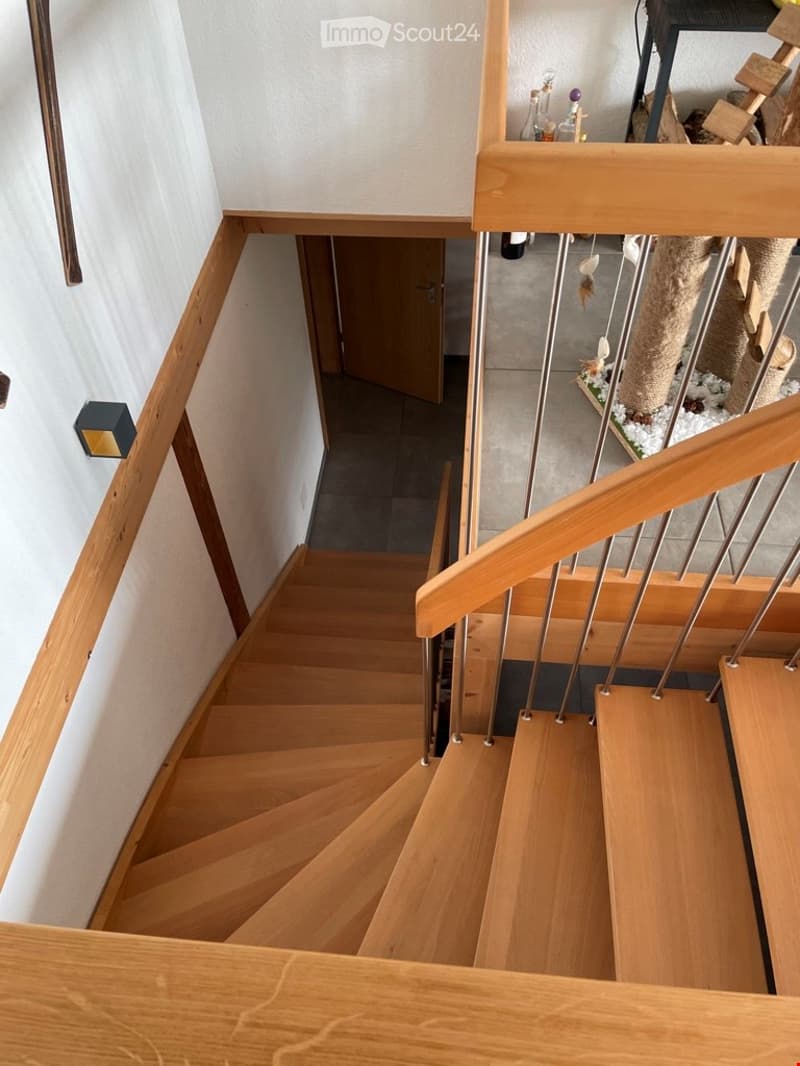 Corridor / Hallway. Spiral staircase with wooden steps and a metal railing, leading to an open area with a pet tree and decorative items.