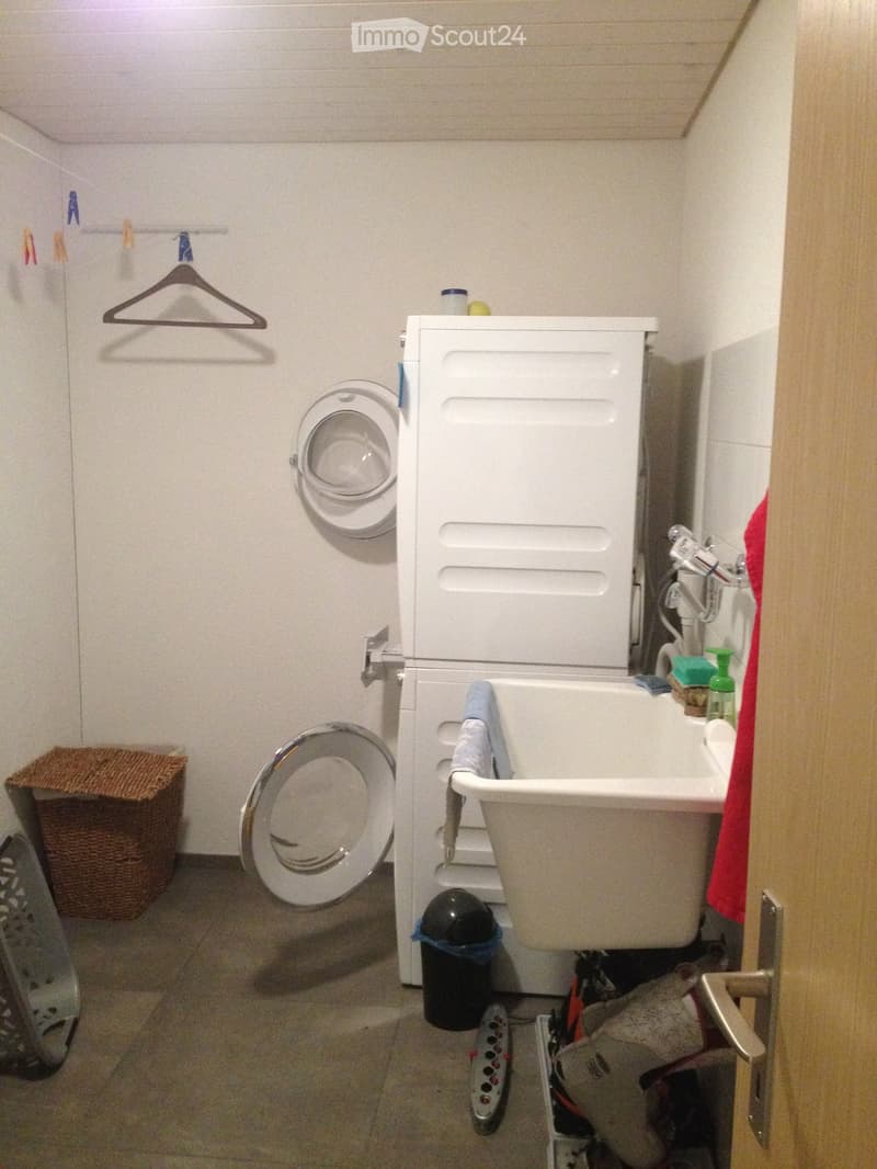 Bathroom. Small bathroom with a sink, toilet, washing machine, and a wicker basket on the floor.