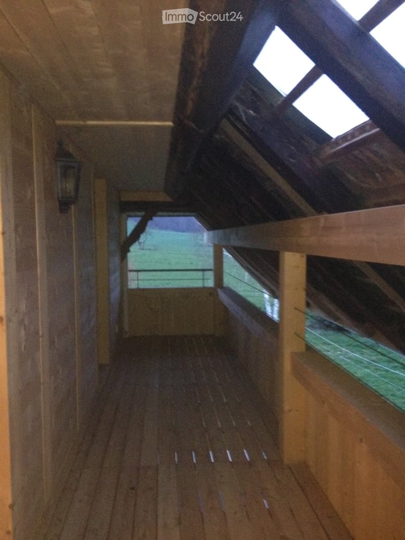 Corridor / Hallway. Wooden hallway with exposed beams, skylights, and a lantern-style wall light fixture.