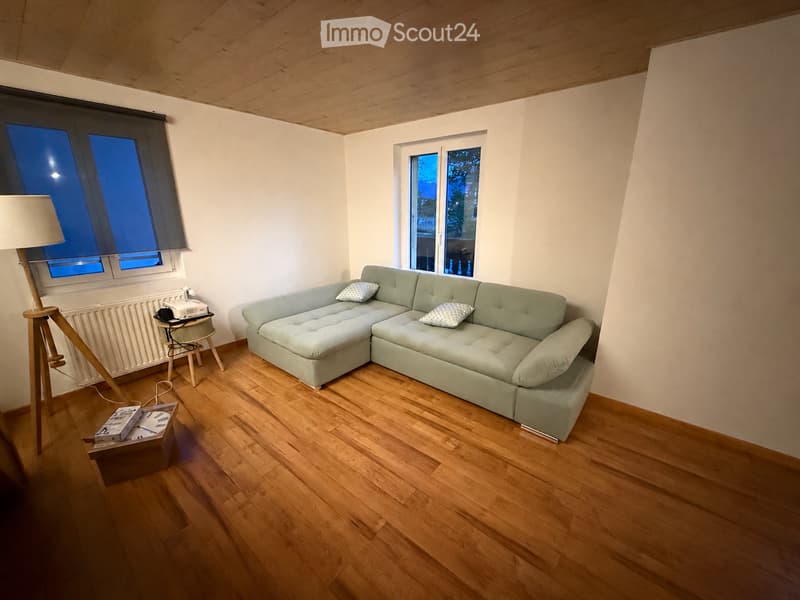 Modern living room with light green sectional sofa, wooden flooring, large windows, and a floor lamp.