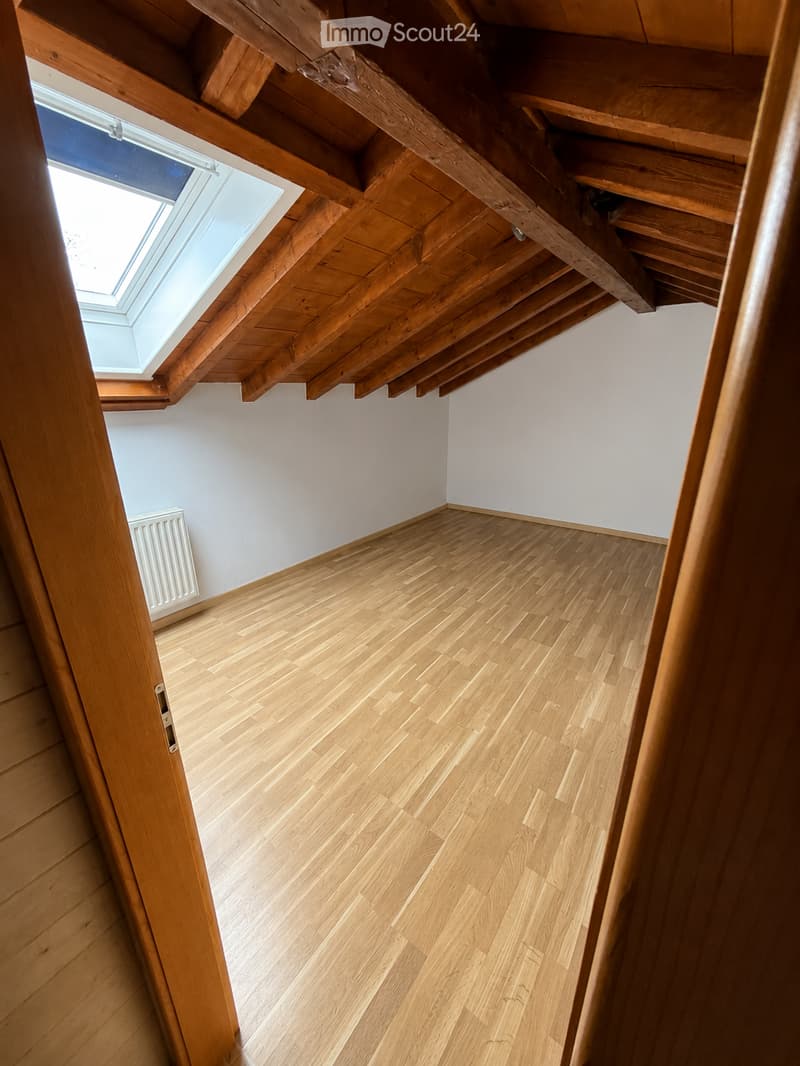 Empty attic space with wooden floors, exposed wooden beams, and a skylight window allowing natural light to enter.