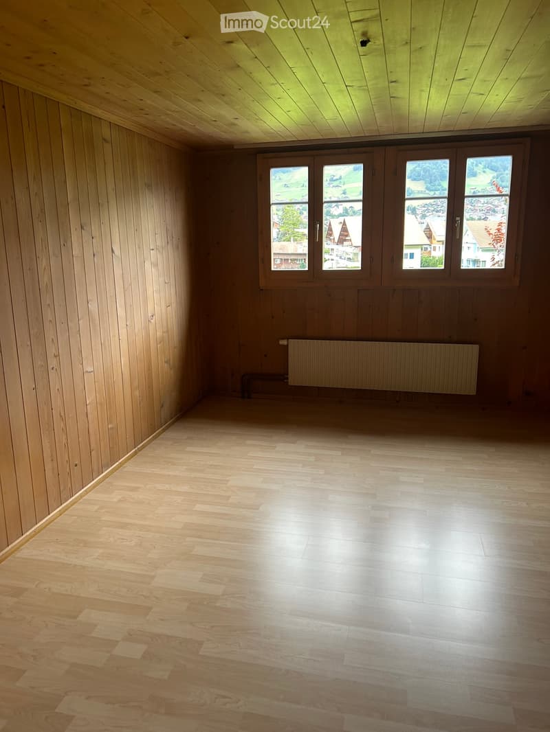 Empty room with wooden walls, wooden floor, large windows, and a radiator.
