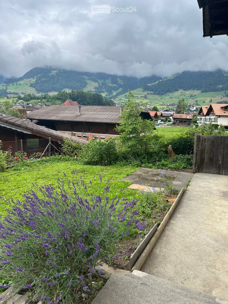 Garden area with lavender plants, concrete pathway, wooden fence, and distant village and mountains.