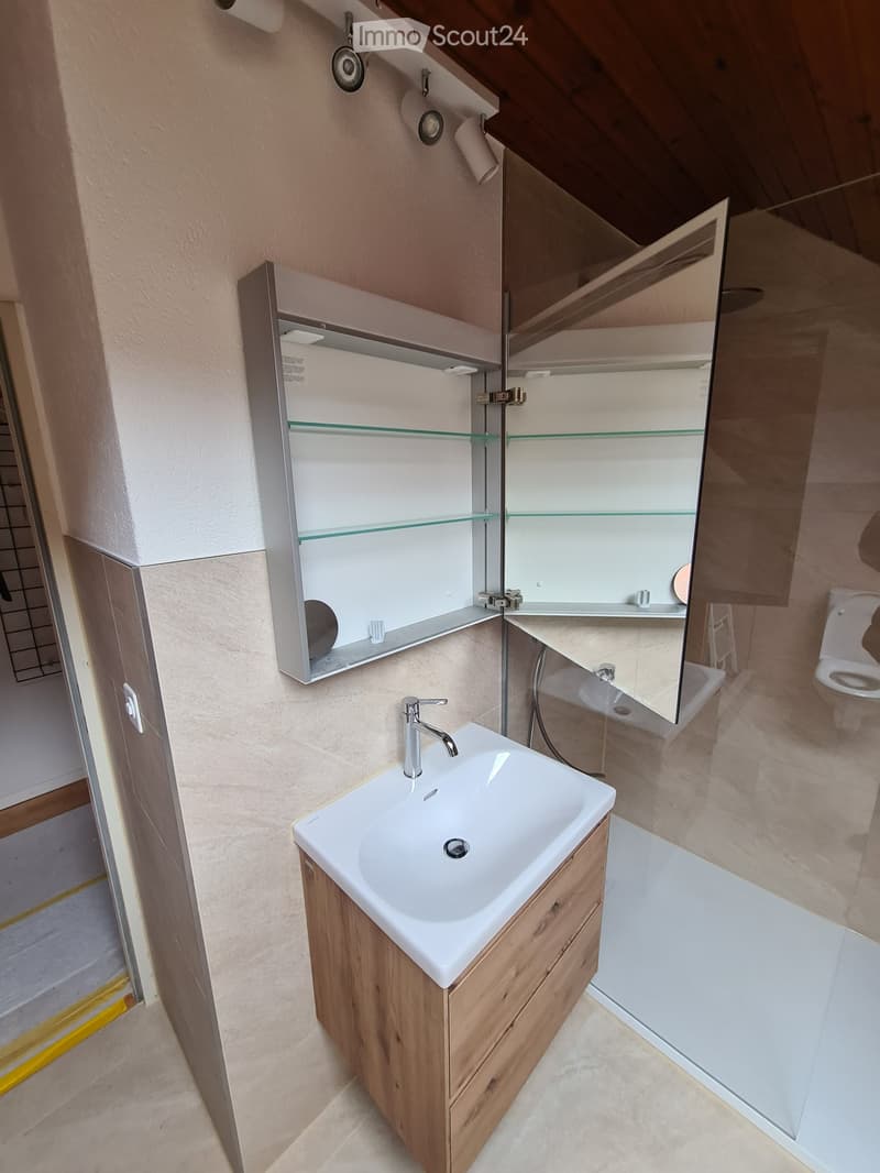 Bathroom with a white sink, wooden cabinet, glass cabinet, and a glass shower enclosure.
