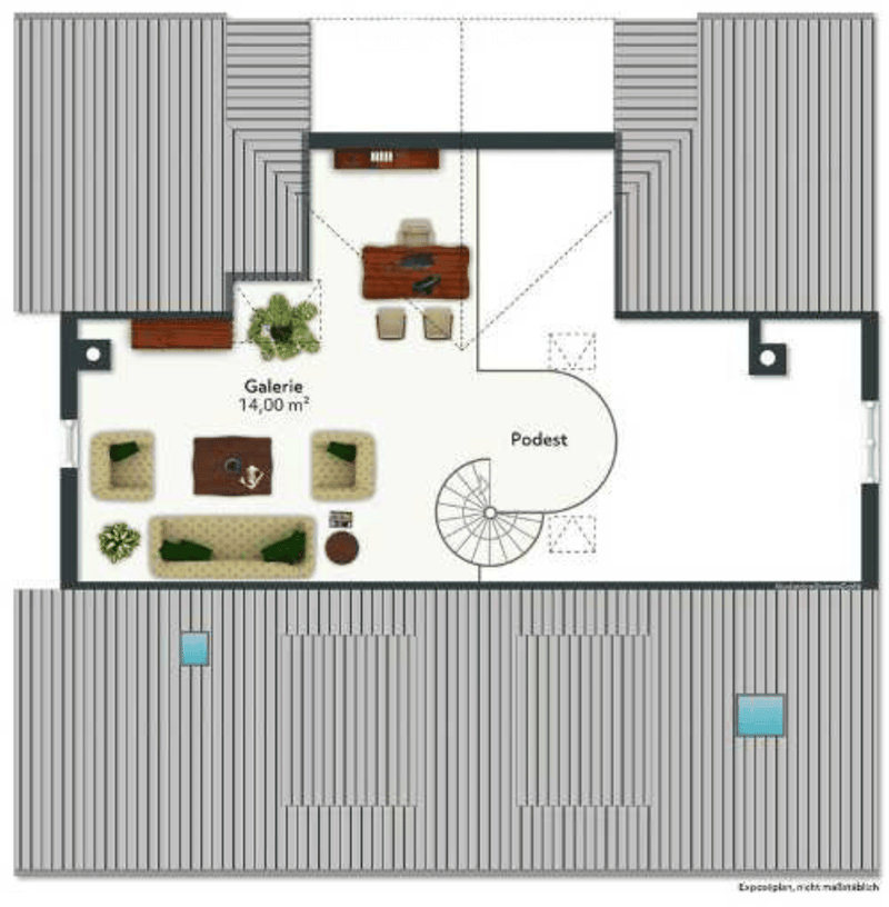 Floor plan of a modern apartment with a gallery area, podium, and several rooms including a living space, bedroom, and bathroom.