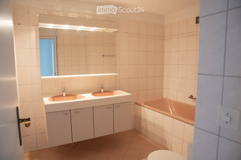 Modern bathroom with double sink, bathtub, large mirror, and built-in cabinets.
