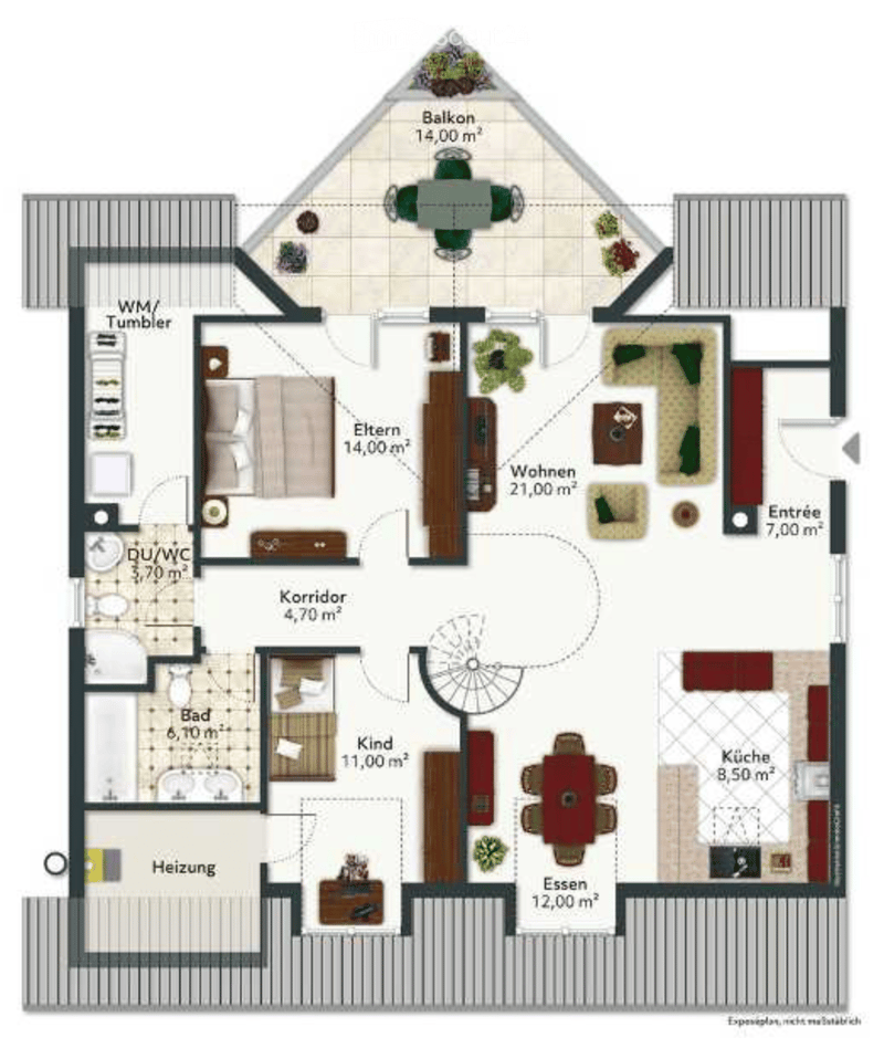 Floor plan of a house with multiple rooms including a living area, kitchen, bedrooms, bathroom, and balcony.