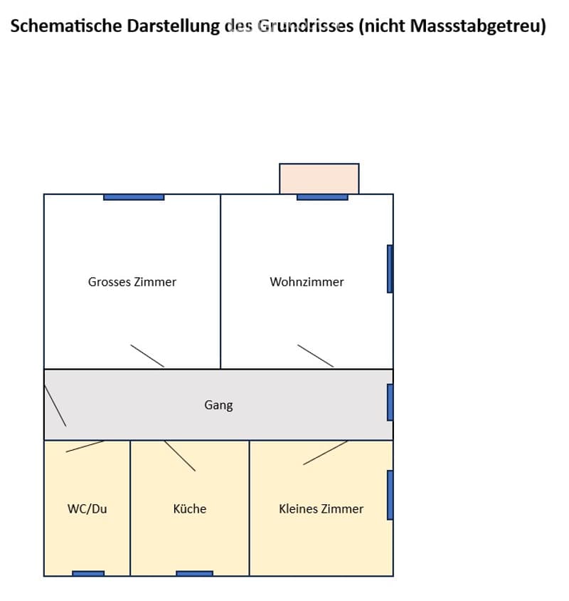Schematic floor plan showing a large room, living room, hallway, WC/shower, kitchen, and small room.