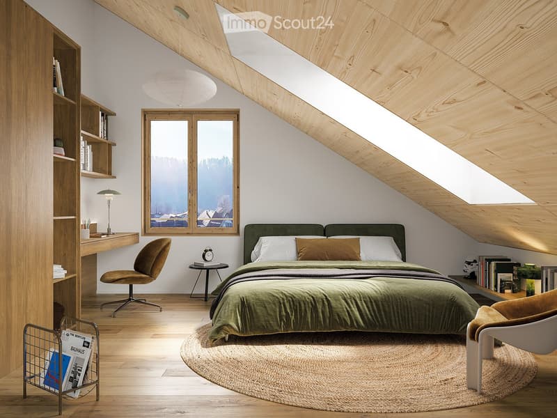 Modern attic bedroom with wooden slanted ceilings, large window, bed with green bedding, desk, chair, shelf, and round rug.