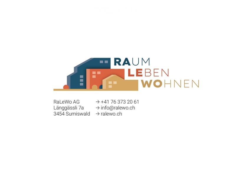 Logo of a real estate company with stylized buildings and contact information.