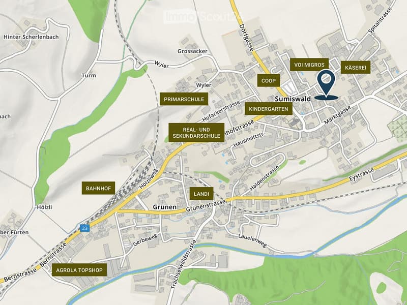 Map showing the location of Sumiswald with nearby landmarks such as schools, shops, and a train station.