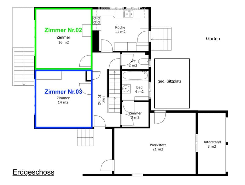 Floor plan of a two-story house with rooms labeled in German, including a kitchen, bathroom, workshop, and garden.