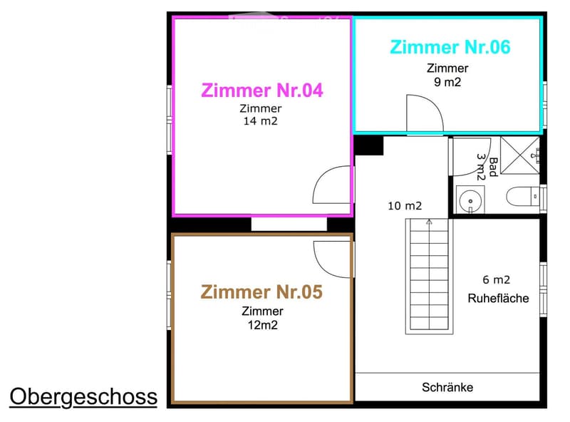 Floor plan of the upper floor showing four rooms: Zimmer Nr.04 (14 m²), Zimmer Nr.05 (12 m²), Zimmer Nr.06 (9 m²), and a 3 m² bathroom. Includes a 10 m² area and a 6 m² resting area.