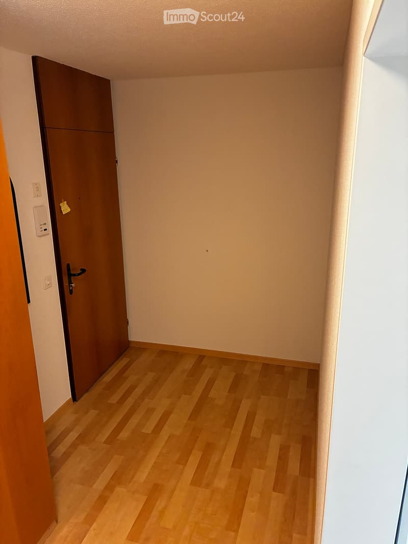 Empty hallway with wooden flooring and light-colored walls. A closed wooden door is visible on the left side.