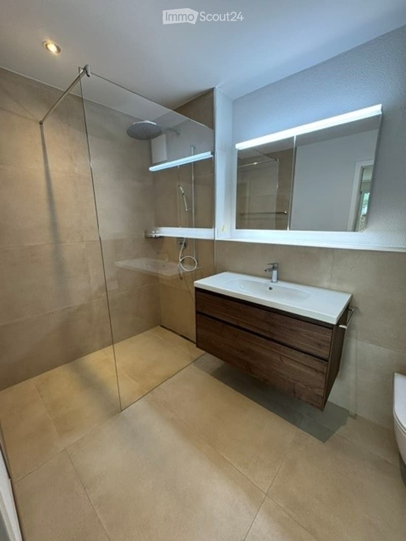 Modern bathroom with a wooden vanity, large mirror, and glass-enclosed shower area.