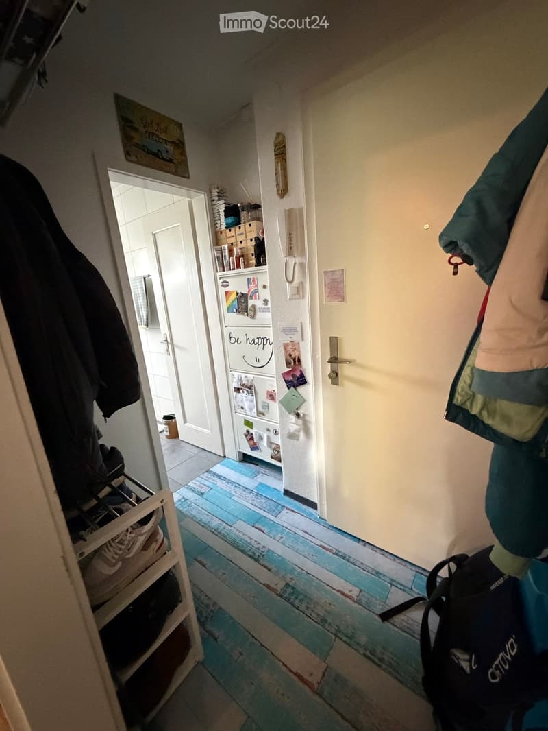 Hallway with light-colored walls, blue wooden flooring, and a small shelf with various items. A coat rack with jackets and a shoe rack with shoes are visible.