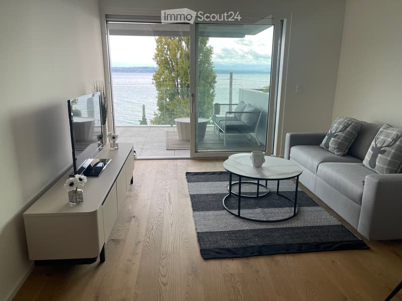 gray sofa, coffee table, TV on entertainment center, white walls, glass sliding door to balcony with lake view