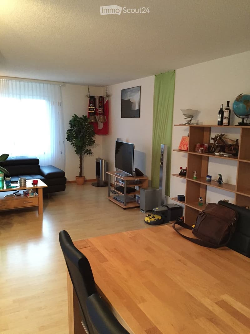 A modern living room with a wooden floor, a black leather sofa, a coffee table, a TV stand, a bookshelf, a potted plant, and a dining table with a chair.