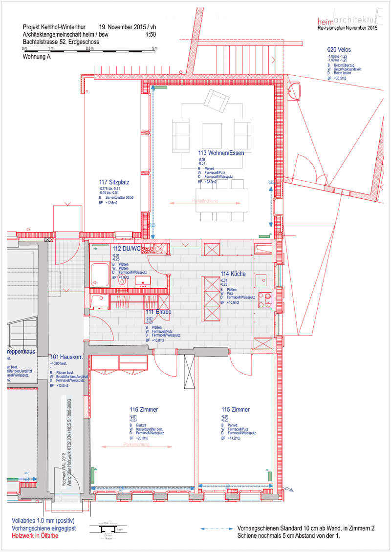 Floor plan of a residential unit showing labeled rooms including living/dining area, kitchen, bedrooms, entrance, and storage. Includes dimensions, floor levels, and construction details.