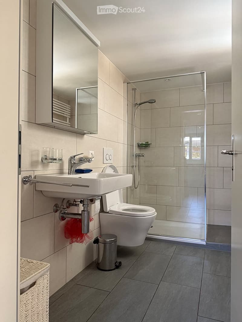 Modern bathroom with a white sink, mirror, toilet, and glass-enclosed shower. Features include a towel, trash can, and decorative cups on the wall.