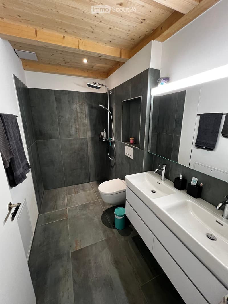 Modern bathroom with dark grey tiles, white sink, toilet, shower, and built-in mirror cabinet.