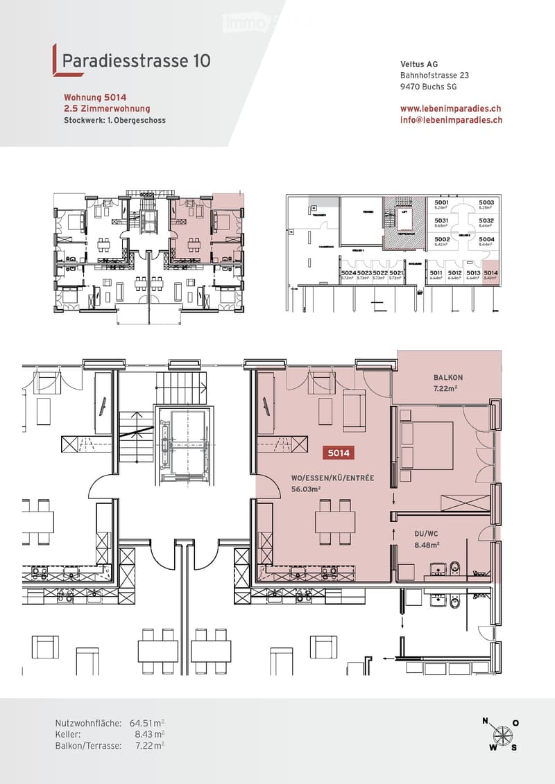 Floor plan of a 2.5-room apartment on the first upper floor, including living/dining/kitchen area, bedroom, bathroom, and balcony.