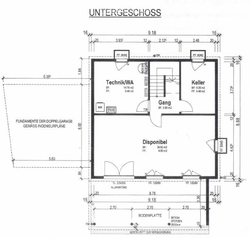 Floor plan of a basement level showing a technical/utility room, cellar, hallway, and storage area. Dimensions and room labels are provided.