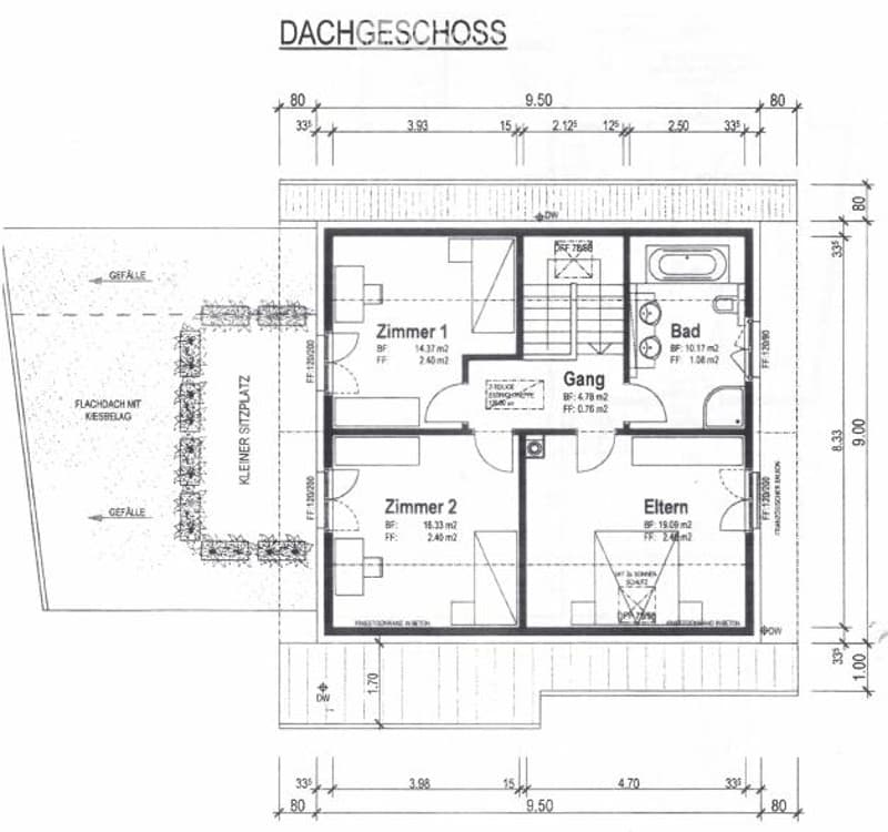 Floor plan of a top-floor apartment with four rooms: two bedrooms, a bathroom, and a hallway. Includes dimensions and room labels.