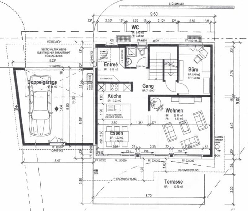 Floor plan of a house with a double garage, entrance, kitchen, living room, office, hallway, and terrace.