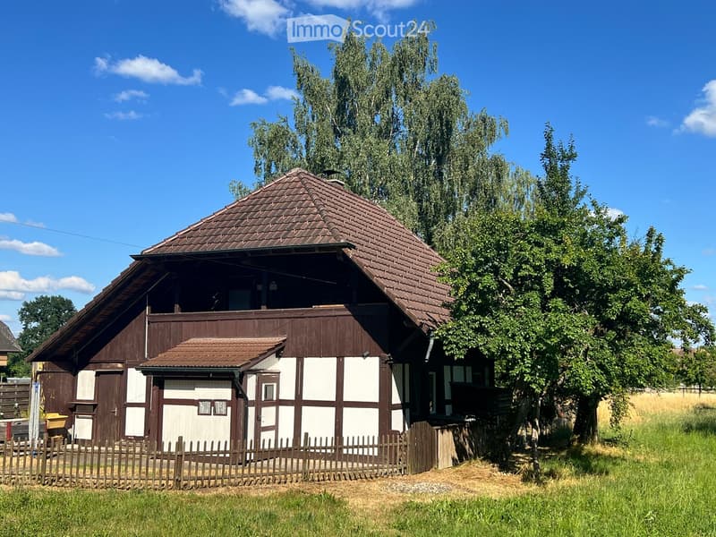 Traditional wooden house with a tiled roof, white and brown exterior, surrounded by trees and a wooden fence.