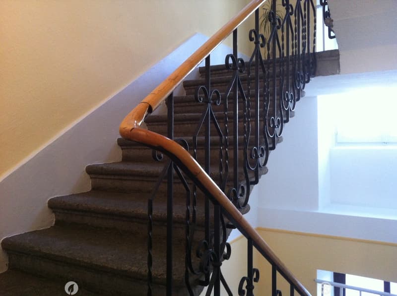 interior stairs, wooden handrail, wrought iron railings, carpeted steps, beige walls