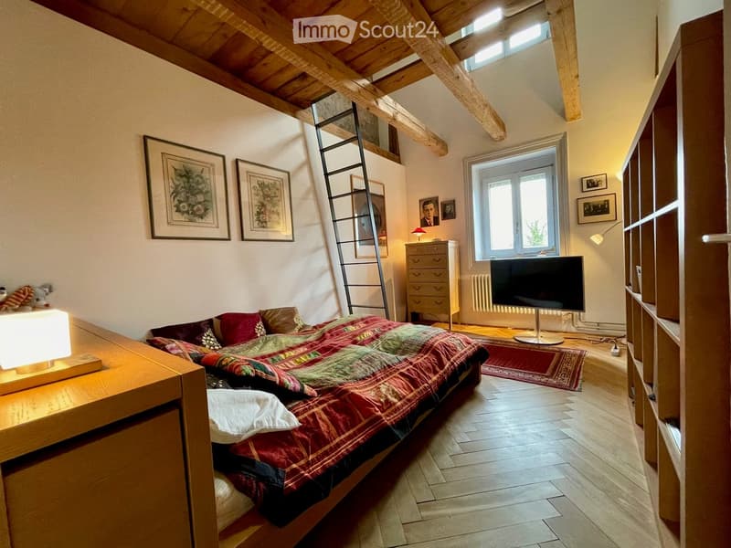 bedroom with wooden floor, bed, ladder, wooden cabinet, radiator, TV, shelves, framed pictures, lamp