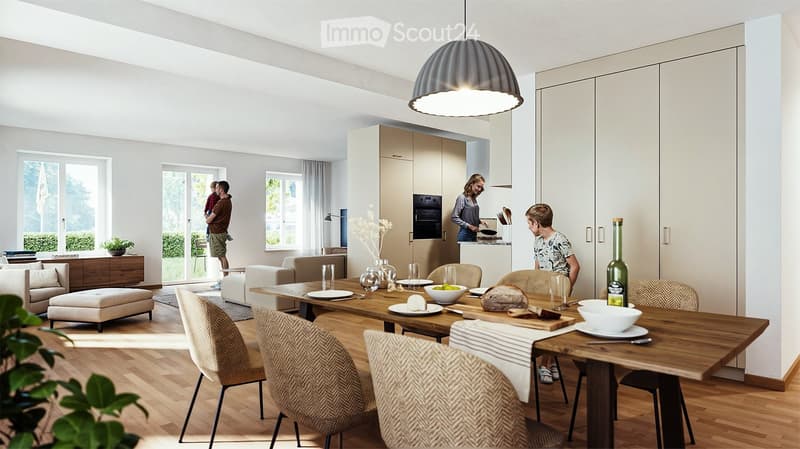Open-plan living and dining area with modern furniture, including a sofa, ottoman, dining table with chairs, and a kitchen area with cabinets and an oven. The space features a pendant light, decorative vases, and various table settings.