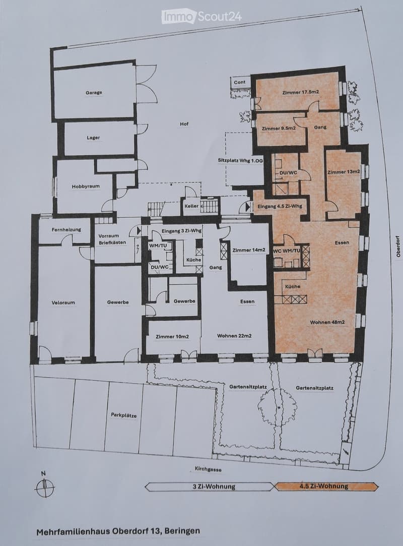 Floor plan of a multi-family house with labeled rooms including living spaces, bedrooms, kitchen, bathrooms, garage, and outdoor seating areas.