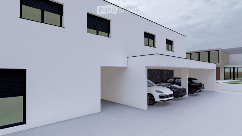 House. Modern two-story house with white exterior, large windows, and a covered garage area with multiple parked cars.