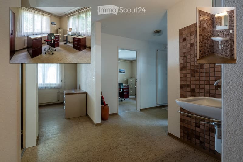 The image shows a collage of four different rooms: a furnished office with a desk, chair, and cabinets; an empty hallway; a bathroom with a sink, mirror, and tiled walls; and another office space with a desk and chair.